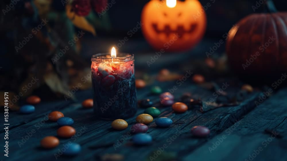 Poster a single lit candle placed on a wooden table, perfect for adding warmth and ambiance to any setting