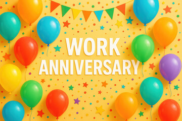 Happy work anniversary celebration with colorful balloons and festive decorations creating joyful atmosphere for special work anniversary event