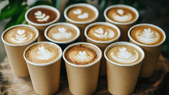 A collection of coffee cups on a wooden table