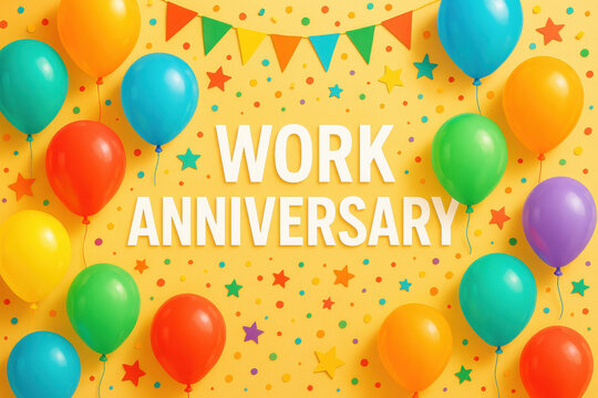 Happy work anniversary celebration with colorful balloons and festive decorations creating joyful atmosphere for special work anniversary event