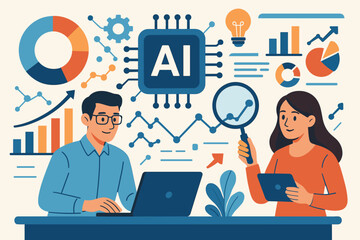 Data analysis team using AI for business intelligence. Man and woman working with big data, charts, and infographics. Artificial intelligence technology for market research and strategy. Vector.