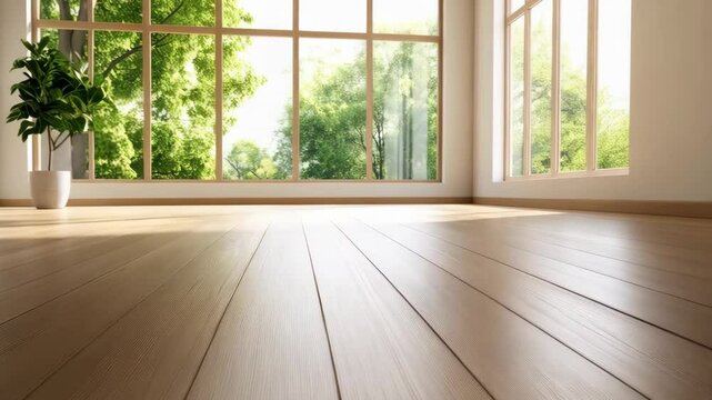 Bright interior space with wooden flooring, large window, indoor plant, and a view of green trees, creating a sense of openness