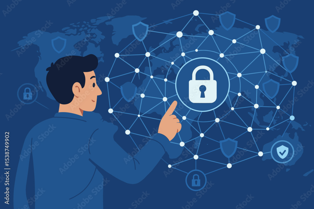 Poster cybersecurity and global network security concept. man interacting with a digital interface to ensur