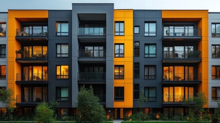 Obraz premium Modern apartment building with orange and gray facade at dusk.