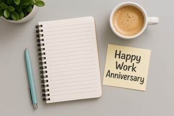 Happy work anniversary message on sticky note with notebook pen coffee cup and plant on desk creating happy work atmosphere for celebration and productivity