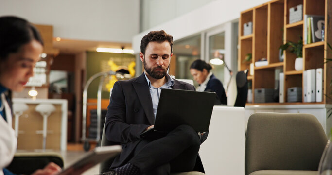 Laptop, lobby and business man at hotel for guest, conference itinerary and booking reservation. Expo schedule, hospitality and convention venue with person for online, email RSVP and travel