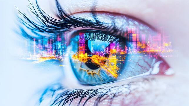 Woman's eye reflecting vibrant cityscape; futuristic vision - Powered by Adobe