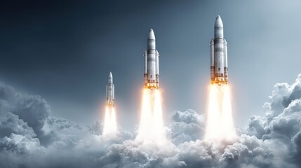 Three rockets launch simultaneously through thick clouds, flames and smoke billowing as they ascend into a dramatic sky.