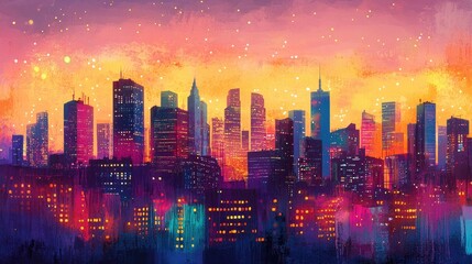 Obraz premium Vibrant City Skyline at Dusk with Colorful Twilight Background and Glowing Lights