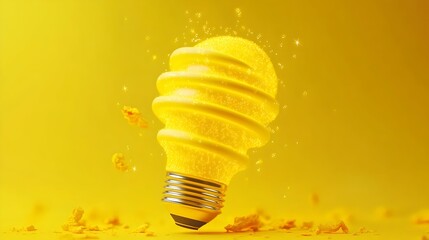 A yellow spiral lightbulb crumbles, releasing yellow particles against a yellow background