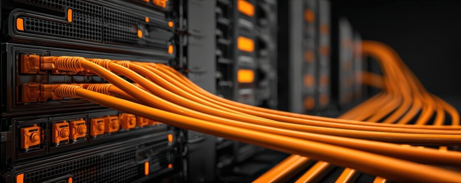 Close-up of multiple orange fiber optic cables connected to a server rack in a data center.