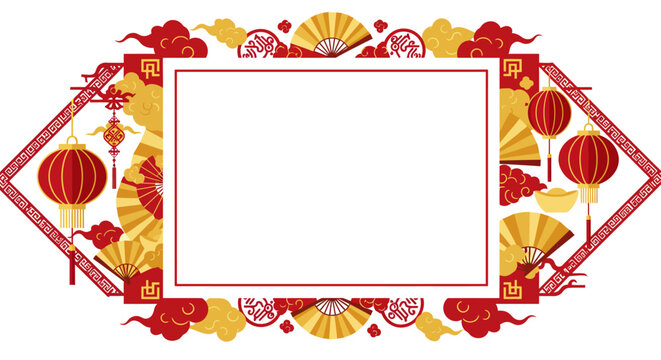 Chinese new year red gold frame with lanterns and fans vector illustration - Powered by Adobe