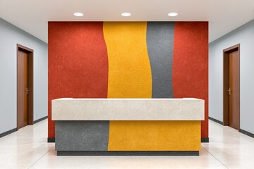 Modern reception area with vibrant wall art in an inviting lobby atmosphere