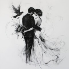 Fototapeta premium A charcoal drawing depicts a bride and groom embracing, a crow in flight nearby.