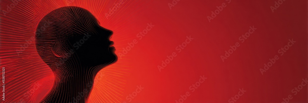 Poster silhouette of a head surrounded by tension lines against a red gradient background symbolizing energ