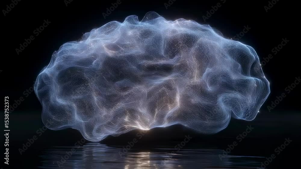 Poster abstract visualization of a glowing brain with intricate patterns, reflecting on a dark water surfac