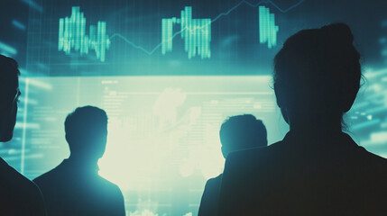 Silhouetted group watching a bright screen with graph data in a futuristic looking environment