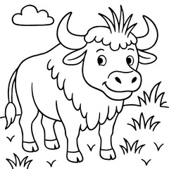 A strong buffalo with grass resting on its horn, drawn in a fun and expressive black-and-white sketch for coloring.
