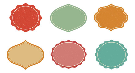 Set of six vintage-style decorative labels in various shapes and colors vector illustration