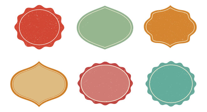 Set of six vintage-style decorative labels in various shapes and colors vector illustration