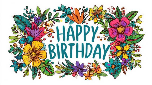 Colorful floral wreath surrounds the cheerful "Happy Birthday" text in vibrant hand-drawn style.