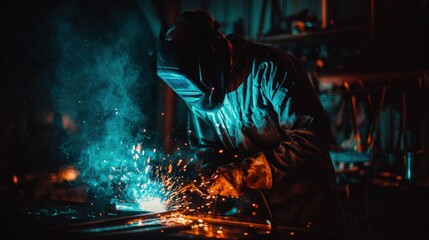 A welder wearing protective gear works intensely, producing bright sparks in a dimly lit workshop.