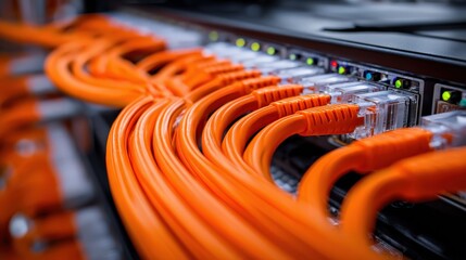 Close-up of orange Ethernet cables plugged into a network switch with blinking LED indicators.