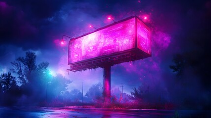 Neon billboard glowing, futuristic, night, desolate landscape, digital art
