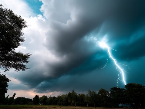 Dramatic storm with lightning striking. Dark clouds, vibrant lightning bolt, and trees silhouetted against a stormy sky