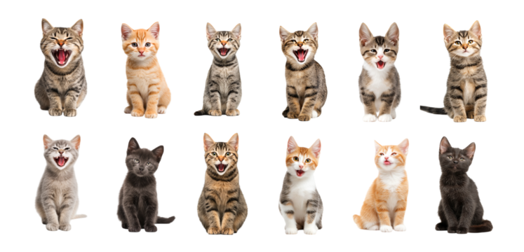 Set of playful kitten with an open mouth showing its tongue with different poses isolated on a transparent background