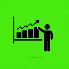 Simple icon of person pointing at rising bar graph on green background