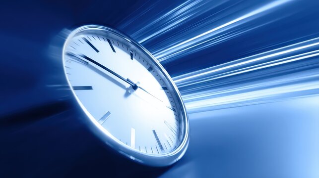 A clock with motion blur effects symbolizes the concept of time passing quickly or time management in a dynamic, futuristic blue-toned setting.