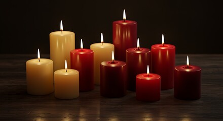 Lit candles of varying sizes and colors on a dark wooden surface background