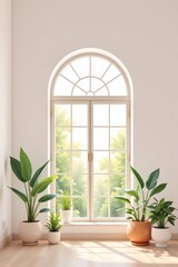 high quality, minimalist digital illustration of a bright airy room with large arched window and potted plants, soft pastel colors, smooth gradients