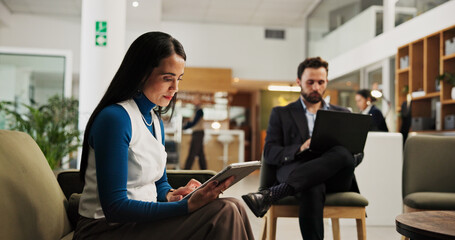 Hotel, guest and woman with tablet, lobby and preparation for meeting with tech, web or hospitality. Checking, email and people with app for research, online and accountant on business trip in motel
