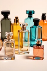high quality, transparent multi color glass perfume bottles arranged in a stylish still life position on a light background, subject positioned at the bottom