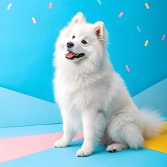 Adorable samoyed puppy on pastel background