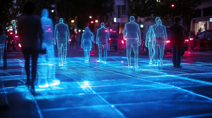 Digital avatars walking on a blue grid surface in an urban environment at night with cars passing by