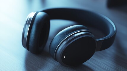 Sleek black wireless headphones resting on a reflective surface, showcasing modern design and comfort with cushioned ear pads.