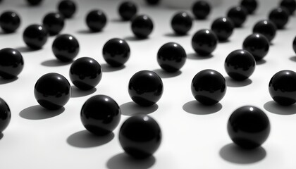 high quality, minimal composition of black gloss spheres with soft shadows, set on a stark clean surface.