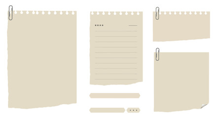 Set of blank torn-edge papers with paperclips and lines vector illustration