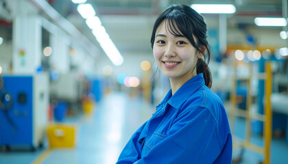 青いツナギ姿の日本人女性整備士・笑顔で自然なポーズの清潔感ある車検現場 – Japanese Female Auto Mechanic in Blue Coveralls, Natural Pose and Clean Inspection Scene – 