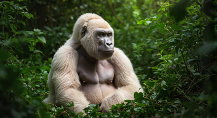 Silverback gorilla sitting peacefully among greenery in the forest  