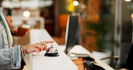 Person, hands or ring with bell at hotel for room service, alert or attention at front desk. Customer, finger or buzzer with alarm, request or calling concierge for accommodation, hospitality or help