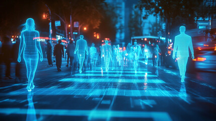Holographic figures walking on a city street at night with cars and buildings in the background