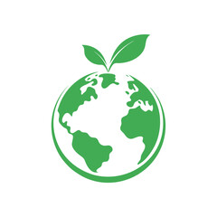 Green Earth Globe with Two Leaves on White Background Eco Friendly Logo
