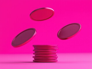 Vibrant Pink Coins Floating Above a Stack on a Bright Background