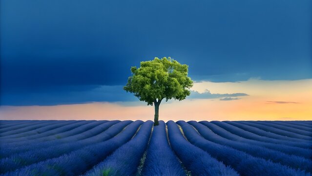 Solitary tree in a lavender field at sunset in provence