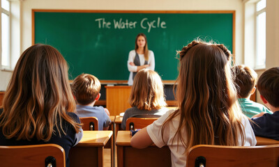 Students in a classroom attentively listening to a teacher explaining the water cycle on blackboard.