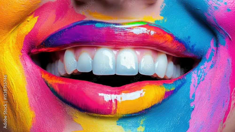 Poster a close-up shot of a person's mouth with paint applied, ideal for use in art or creative projects